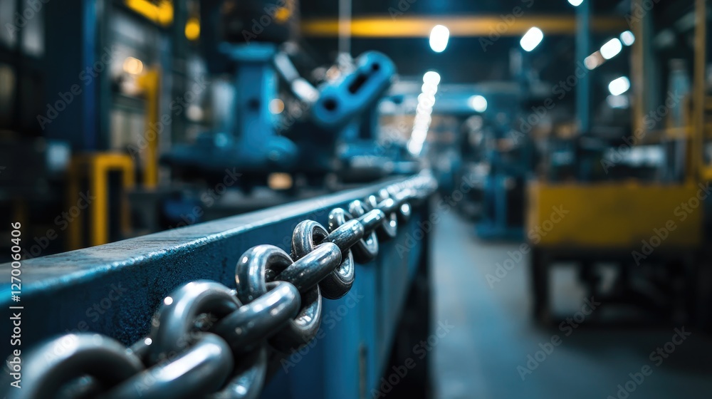 Poster A close-up of chain links in the foreground of an industrial workshop, with machinery and robots working in the background, showcasing industrial design.