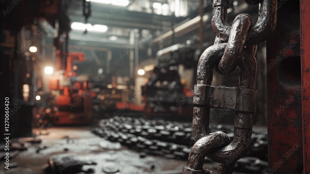 Poster a close-up of chain links in the foreground of an industrial workshop, with machinery and robots wor