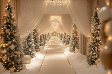 Elegant holiday corridor decorated with festive trees and a white pathway in a luxurious venue