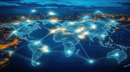 High-speed trade and supply chain routes, futuristic global shipping network with glowing logistics pathways on a world map