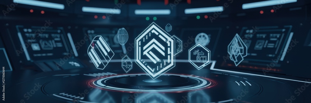 Poster futuristic control panel displaying holographic icons in a spaceship