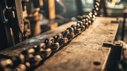 A close-up of heavy metal chains on a workbench in an industrial setting, focusing on the texture and reflective quality of the metal components.
