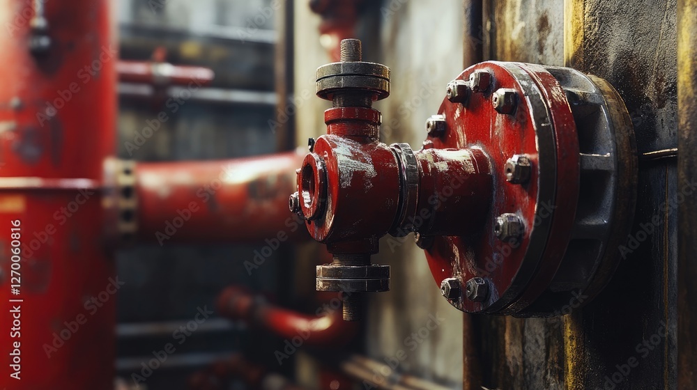 Poster a close-up of industrial pipes and red valves in a working environment, showcasing the mechanical el