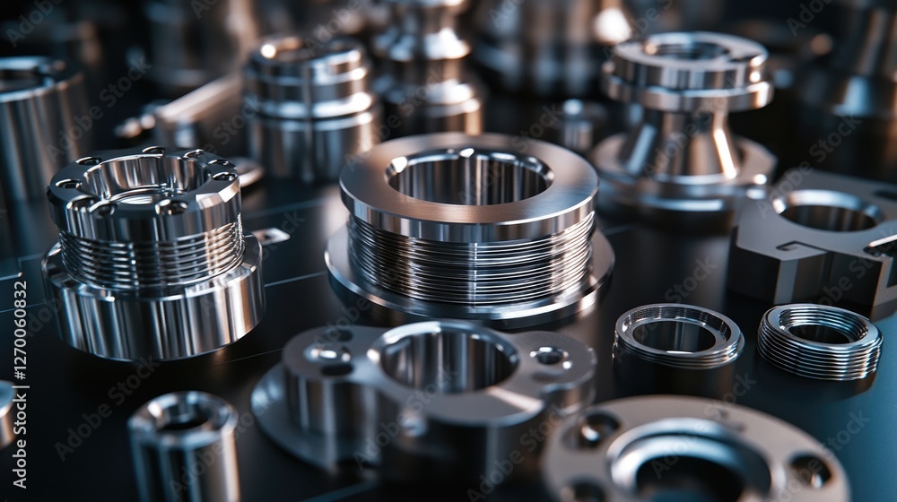 Poster A close-up of metallic industrial components on a dark background, emphasizing their precise design and application in manufacturing and engineering.