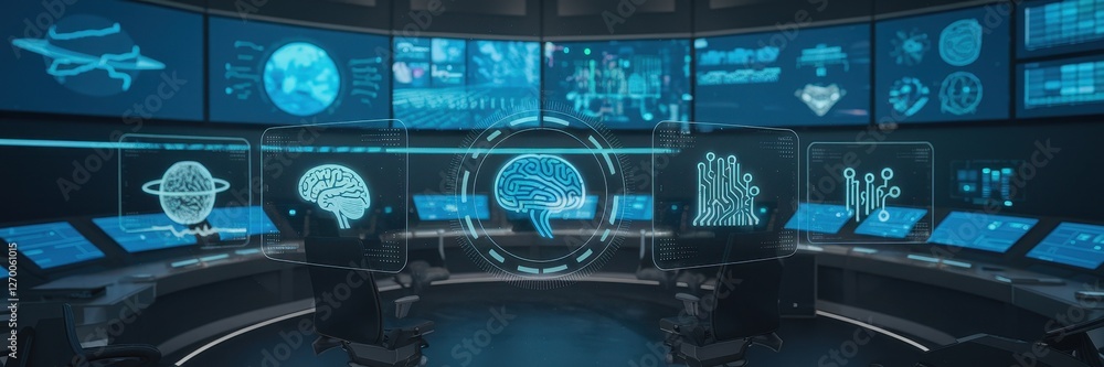 Poster futuristic control room monitors display artificial intelligence and planetary data