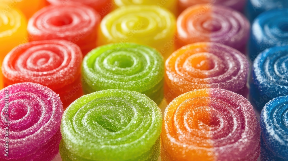 Poster a close-up of rainbow-colored licorice wheels arranged in a delightful pattern, bringing the nostalg