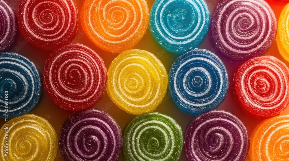Poster a close-up of rainbow-colored licorice wheels arranged in a delightful pattern, bringing the nostalg