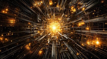 Fototapeta premium Futuristic gold tunnel network, glowing lights, abstract background, digital art, website header