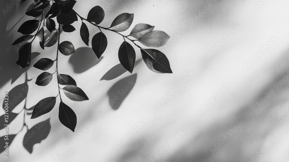 Poster soft sunlight filters through a delicate arrangement of leaves, casting intricate shadows on a smoot