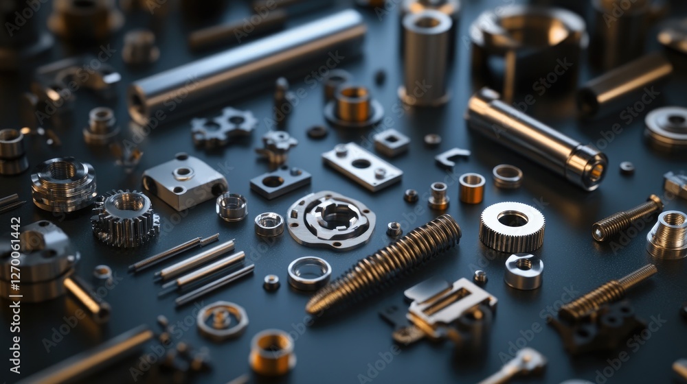 Poster a close-up of various metallic parts and fasteners on a dark surface, showcasing precision engineeri