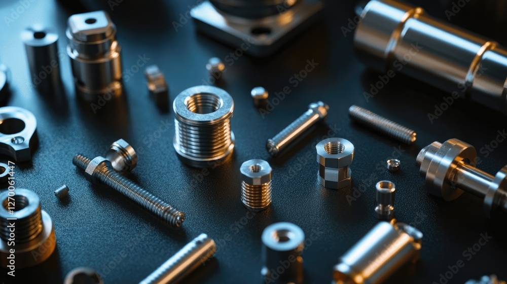 Poster A close-up of various metallic parts and fasteners on a dark surface, showcasing precision engineering and industrial design elements.