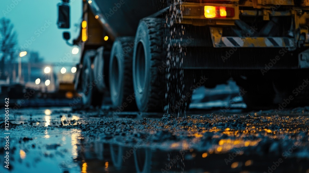Poster a close-up of wet concrete being poured from a concrete mixer truck, capturing the foundation work i