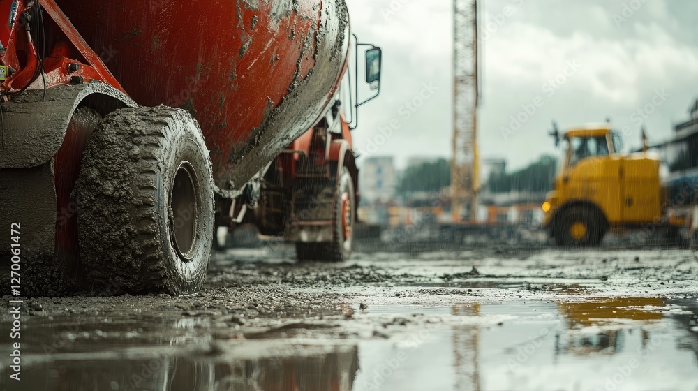 Poster a close-up of wet concrete being poured from a concrete mixer truck, capturing the foundation work i