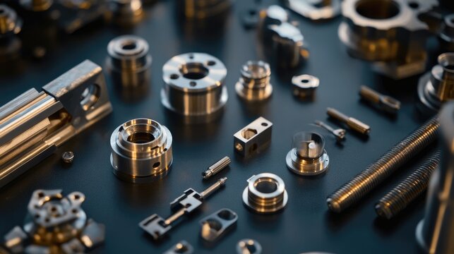 A close-up of various metallic parts and fasteners on a dark surface, showcasing precision engineering and industrial design elements.