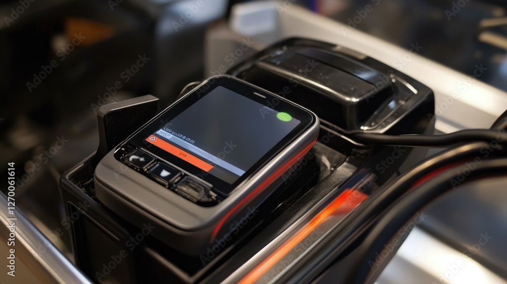 Poster a close-up shot of a mobile device being used to pay for items at a store, connected to a payment te