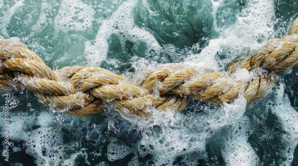 Poster a close-up shot of a thick rope with water in the background, showcasing the intricate texture of th