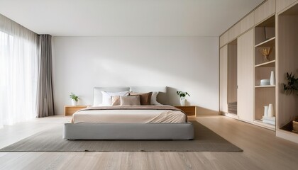 Minimalist bedroom interior with empty wall for mockup template in bright daylight 3D Render