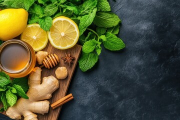 Discover a revitalizing detox experience with this rustic display showcasing Ingredients for a healthy hot drink, featuring fresh lemon, spicy ginger, fragrant mint, golden honey, and aromatic spices