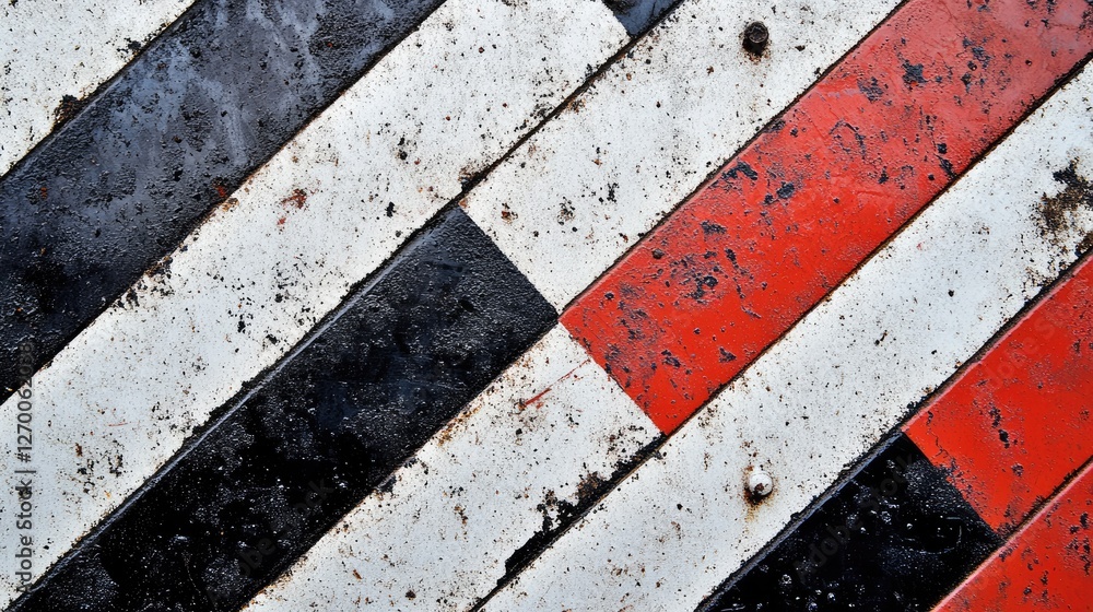 Poster a close-up view of a diamond plate surface with a striking diagonal pattern of red, black, and white