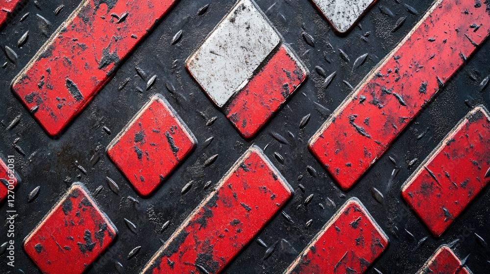 Poster a close-up view of a diamond plate surface with a striking diagonal pattern of red, black, and white