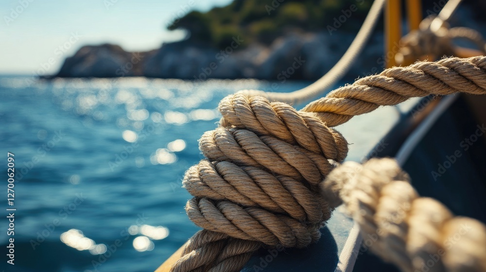 Poster a close-up view of a rope tied on a boat, with the sea in the background, showing the texture and cr