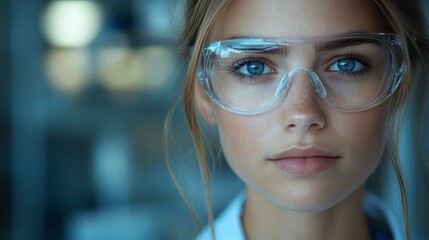 Female Scientist Portrait in Lab with Safety Glasses and White Coat