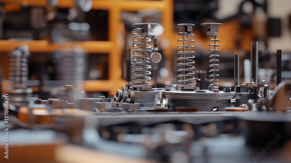 Poster a close-up view of an industrial workshop workbench, filled with metal springs and tools, capturing 