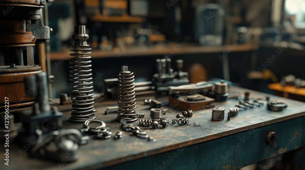 Poster a close-up view of an industrial workshop workbench, filled with metal springs and tools, capturing 