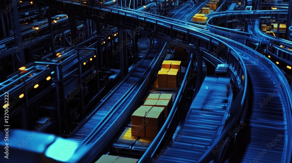 Poster a close-up view of conveyor belts filled with packaged goods, moving efficiently through a warehouse