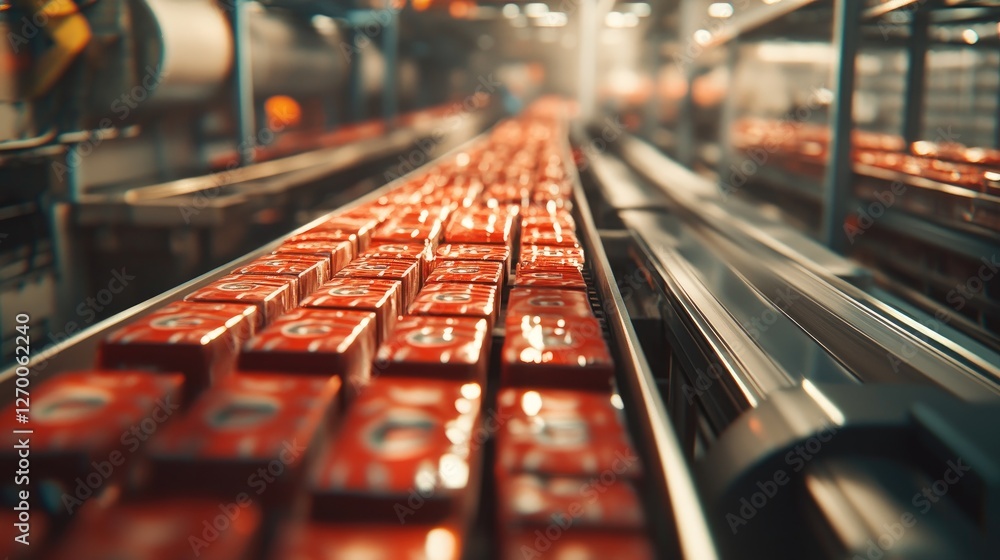 Poster a close-up view of conveyor belts filled with packaged goods, moving efficiently through a warehouse