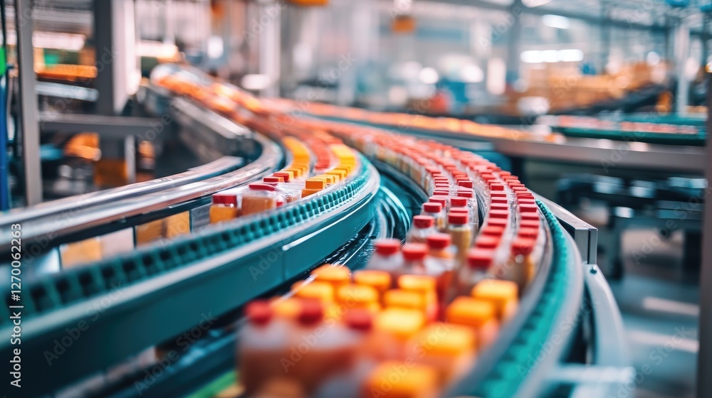 Poster a close-up view of conveyor belts filled with packaged goods, moving efficiently through a warehouse