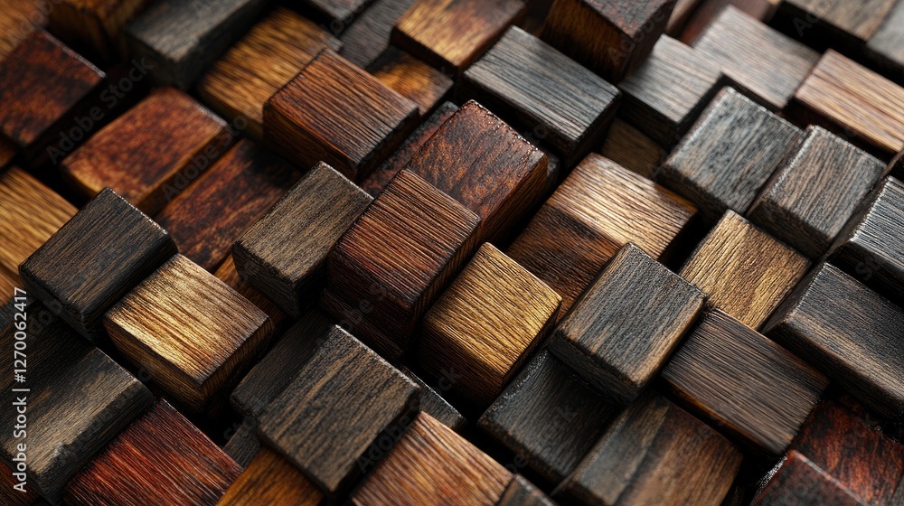 Poster A close-up view of interwoven wooden blocks in shades of dark brown and reddish-brown, creating a textured, intricate pattern.