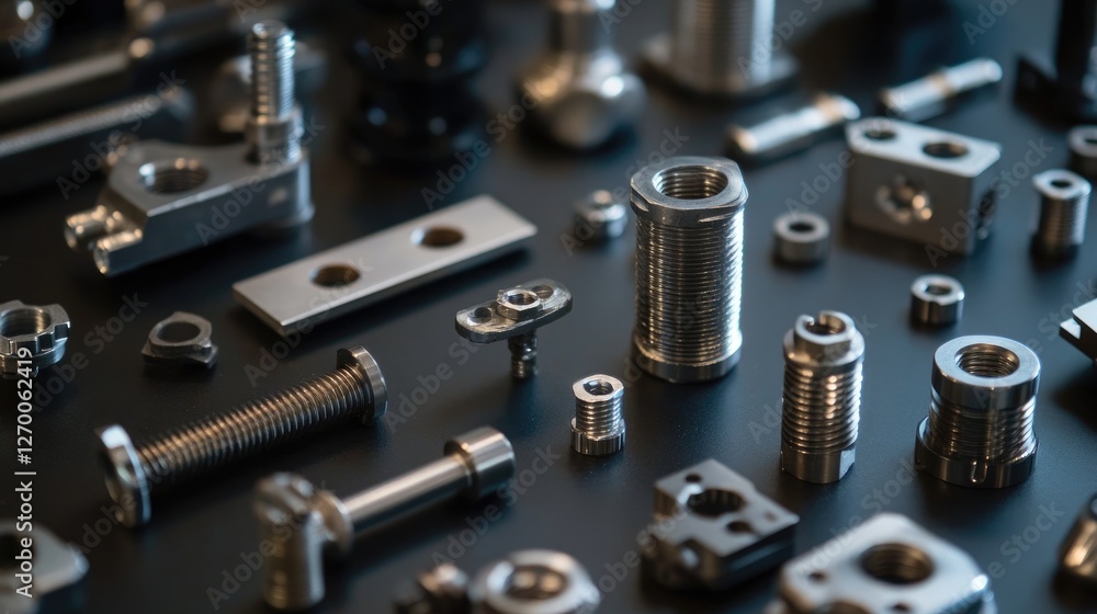 Poster A close-up view of various metallic components and fasteners on a dark surface, emphasizing their precision and detailed engineering.