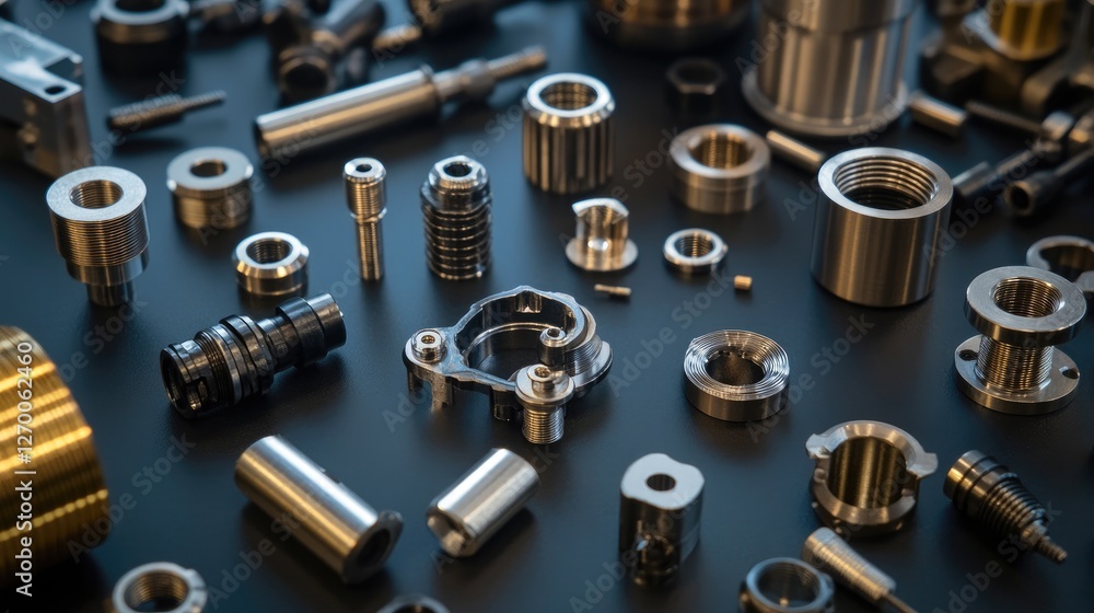 Poster A close-up view of various metallic components and fasteners on a dark surface, emphasizing their precision and detailed engineering.