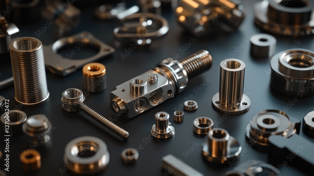 Poster A close-up view of various metallic components and fasteners on a dark surface, emphasizing their precision and detailed engineering.