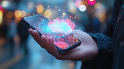 Real-time cloud data streaming via G, smartphone in hand glowing with a digital aura.