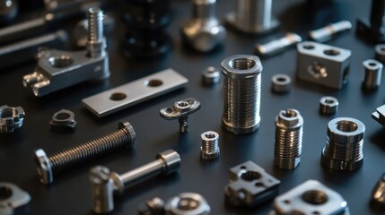 A close-up view of various metallic components and fasteners on a dark surface, emphasizing their precision and detailed engineering.