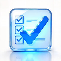 Blue checklist icon with checkmark symbol on light background representing approva