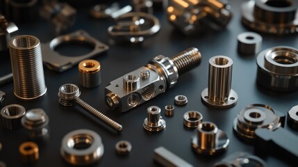 A close-up view of various metallic components and fasteners on a dark surface, emphasizing their precision and detailed engineering.
