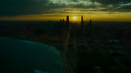 Aerial Sunrise Cityscape, Lakefront, Buildings, Golden Hour, Dramatic Sky, Urban Exploration, Travel Brochure