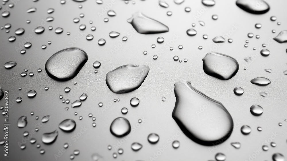 Poster delicate water droplets cluster together on a sleek surface, each drop capturing the surrounding lig