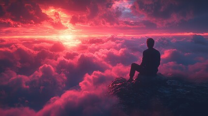 Obraz premium Person Silhouette Sits Atop a Mountain Under a Red Sunset Sky Surrounded by Clouds