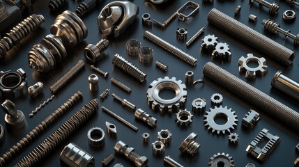 A collection of metallic industrial components, including gears, bolts, and fasteners, displayed on a dark background, highlighting the shapes and textures.