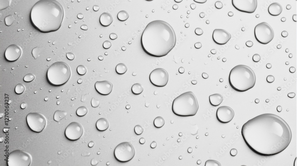 Poster glistening water droplets rest gracefully on a smooth, reflective surface, capturing early morning l