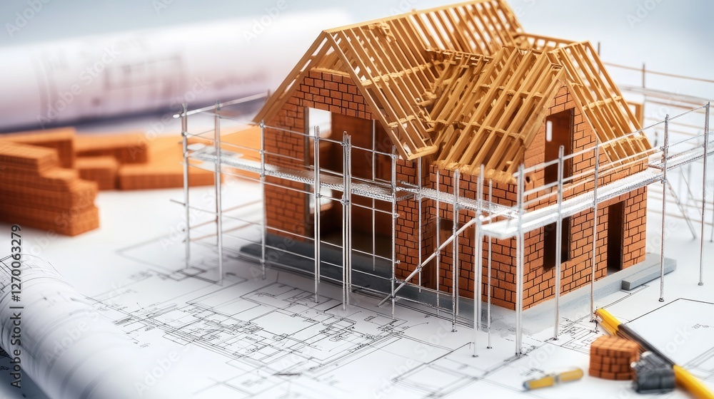 Poster a construction site featuring a partially built house with scaffolding, bricks, and architectural bl