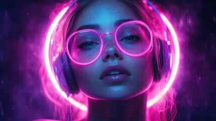Young Woman with Neon Glasses and Headphones in a Cyberpunk Aesthetic