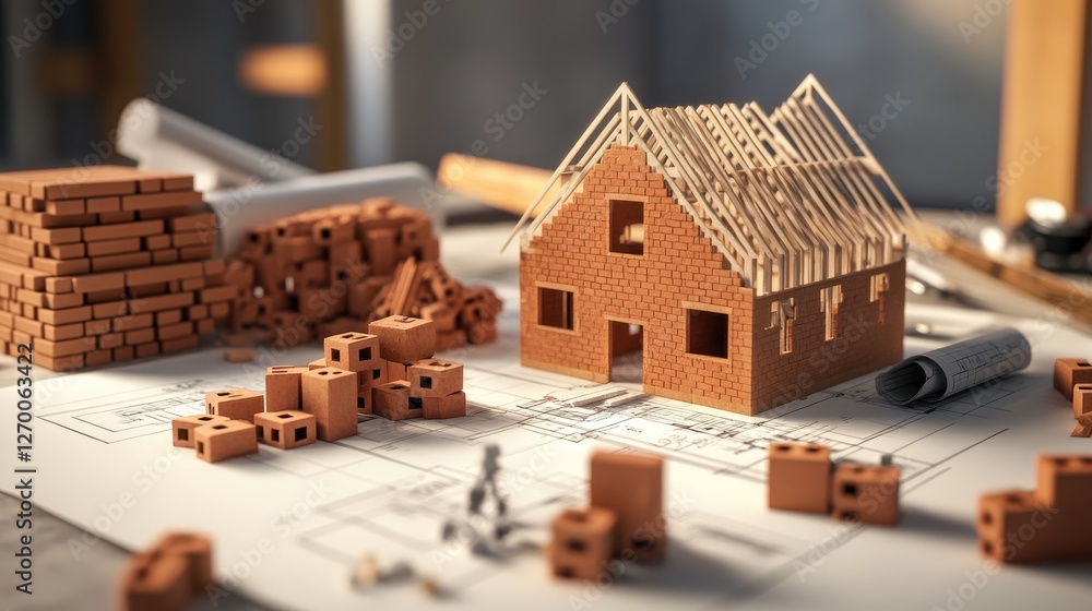 Poster a construction site featuring stacks of bricks, open blueprints, and a skeletal house frame, showing