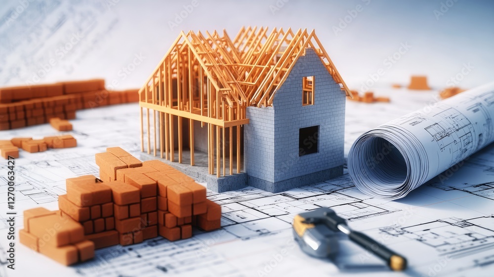Poster a construction site featuring stacks of bricks, open blueprints, and a skeletal house frame, showing