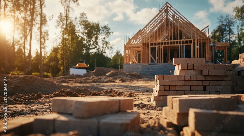 Poster a construction site featuring stacks of bricks, open blueprints, and a skeletal house frame, showing
