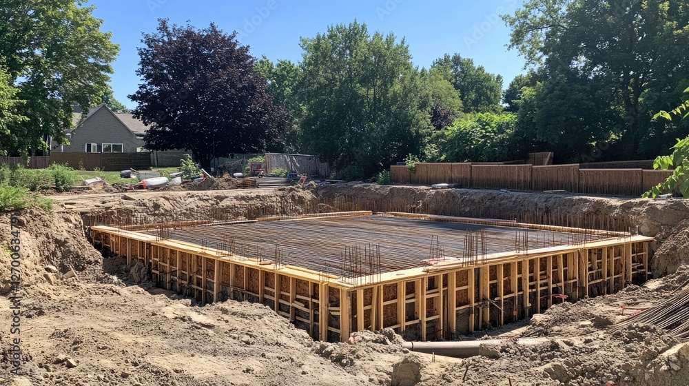 Poster a construction site foundation pit with rebar and formwork in place, ready for the upcoming concrete